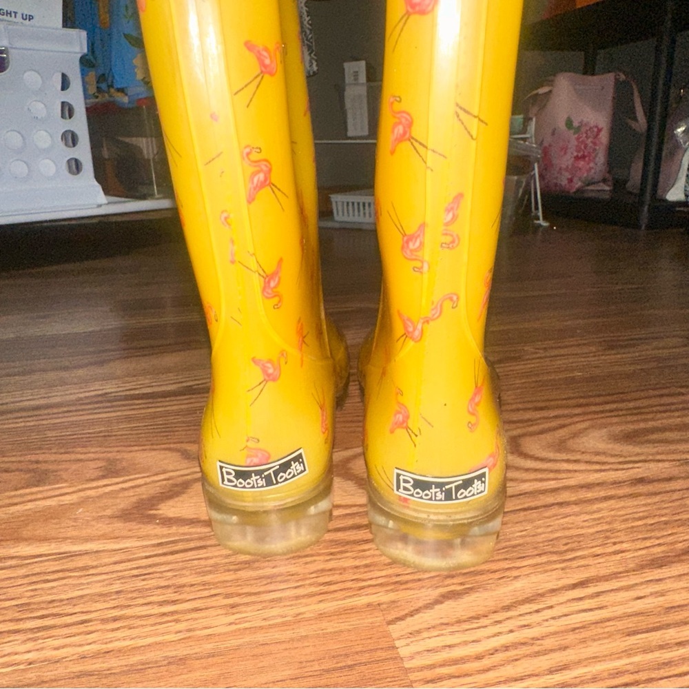 Yellow Rain Boots with Pink Flamingo Print - Picture 2 of 6